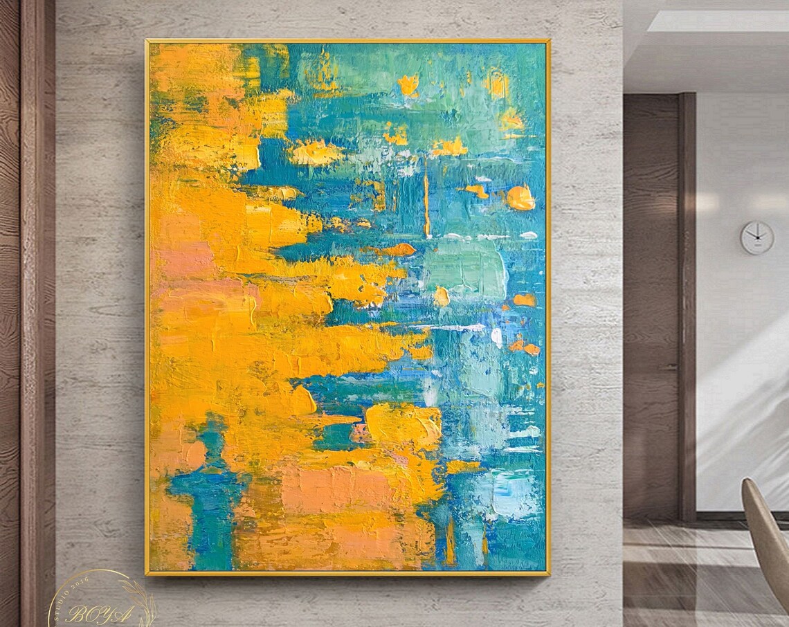 Yellow and Turquoise Bold Abstract Impasto Painting Artwork Poster