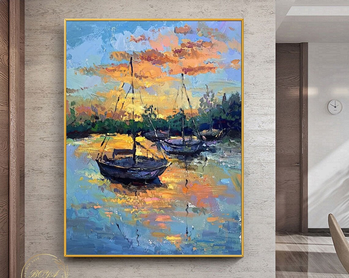 Sailboat Abstract Painting, Orange Sunset Seascape