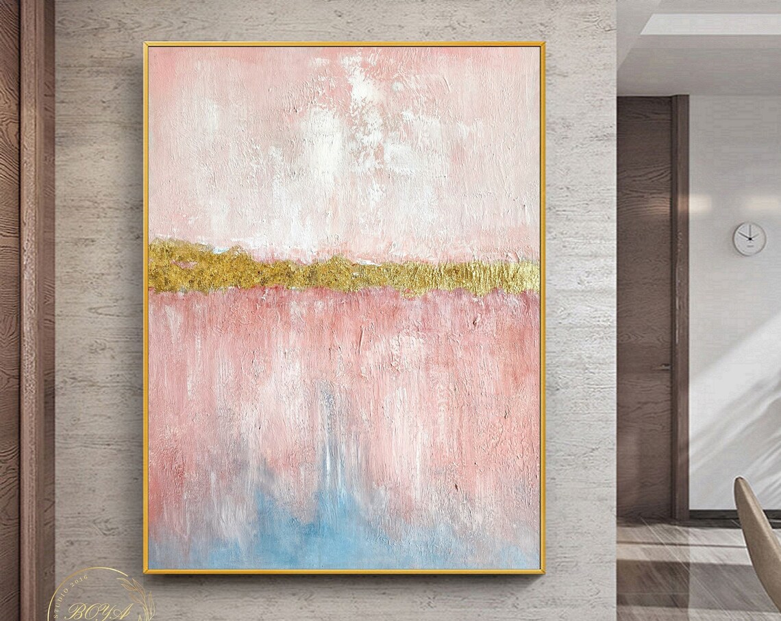 Pink Abstract Painting, Minimalist Gold Texture Art Print - Image 3