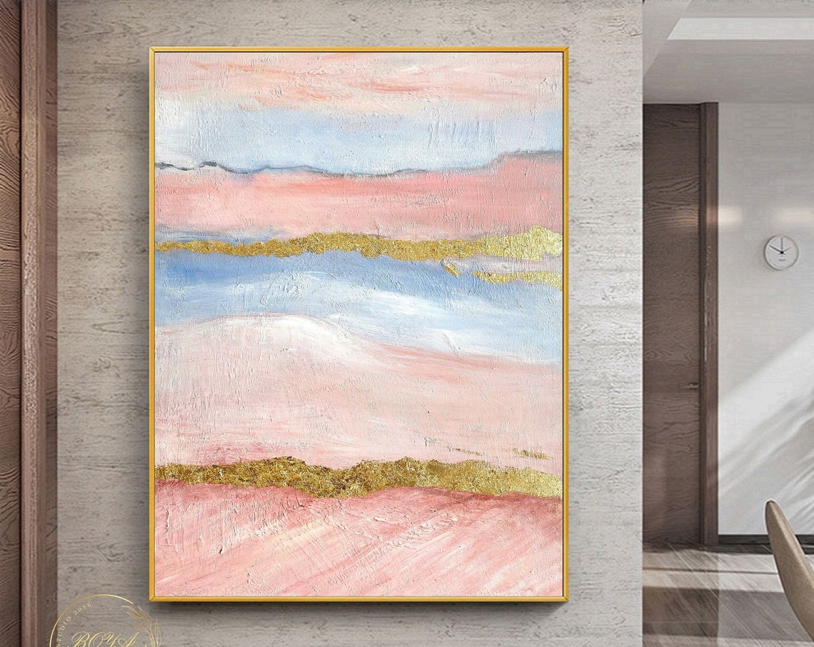 Elegant Pink and Blue Stripes with Gold Leaf Abstract Poster - Image 3