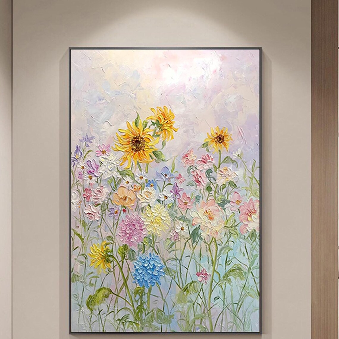 Sunflower Wildflower Meadow Pastel Vertical Garden Scene Wall Art