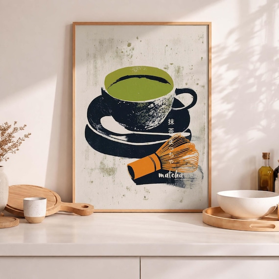 Matcha Tea Ceremony Black Cup Japanese Whisk Kitchen Decor Poster