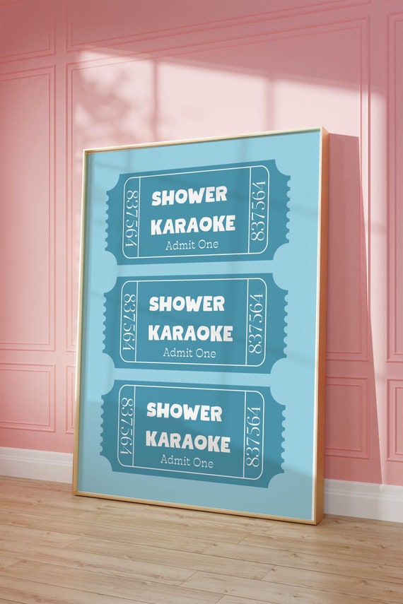 Trendy Shower Karaoke Ticket Blue Print Bathroom Aesthetic Poster Retro Ticket Poster Funny Bathroomticket Print Cute Shower Decor