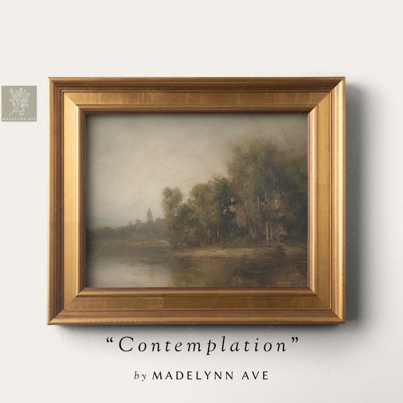 Vintage Landscape Oil Painting Country Lakeside Art Print Moody Wall Art Cottage Style Artwork