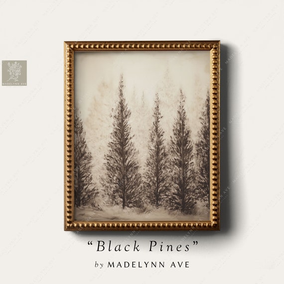Antique Black Pine Trees, Charcoal Sketch Art Print
