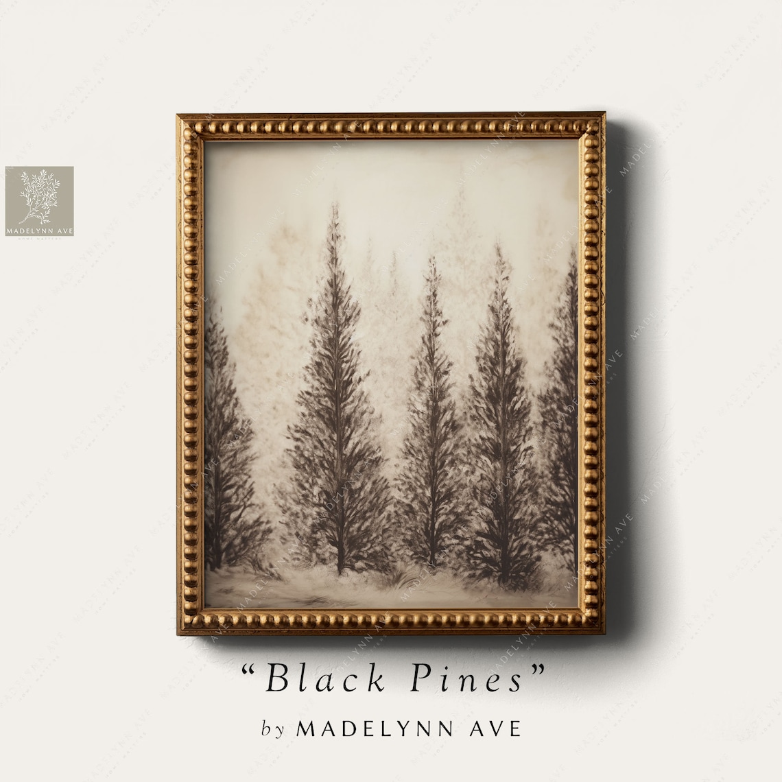 Antique Black Pine Trees, Charcoal Sketch Art Print