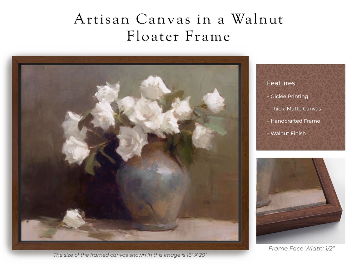 White Roses In A Vintage Vase Moody Floral Oil Painting Poster - Image 5