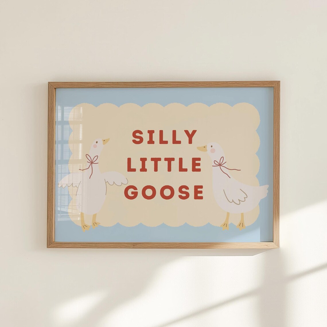 Silly Little Goose Blue Red Ribbon Bow Cute Nursery Kids Poster