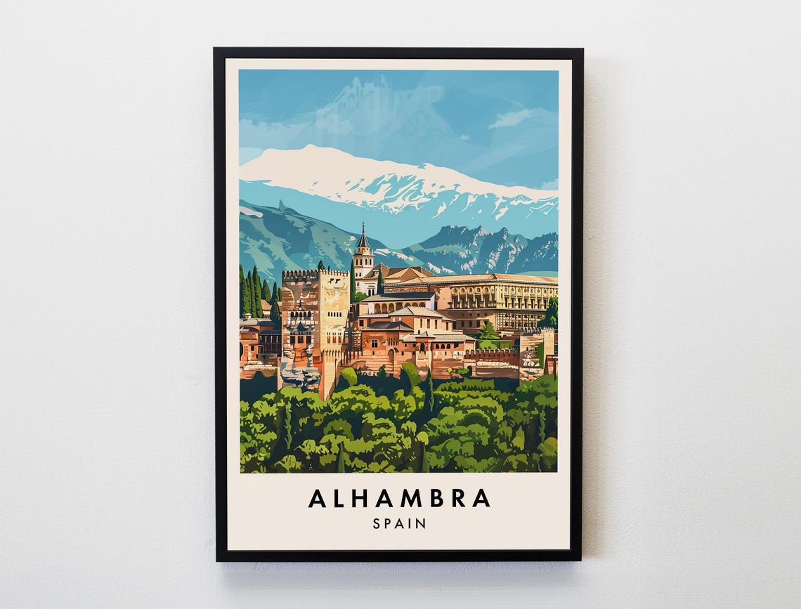 Alhambra Palace With Snowy Sierra Nevada Peaks Vintage Spain Poster