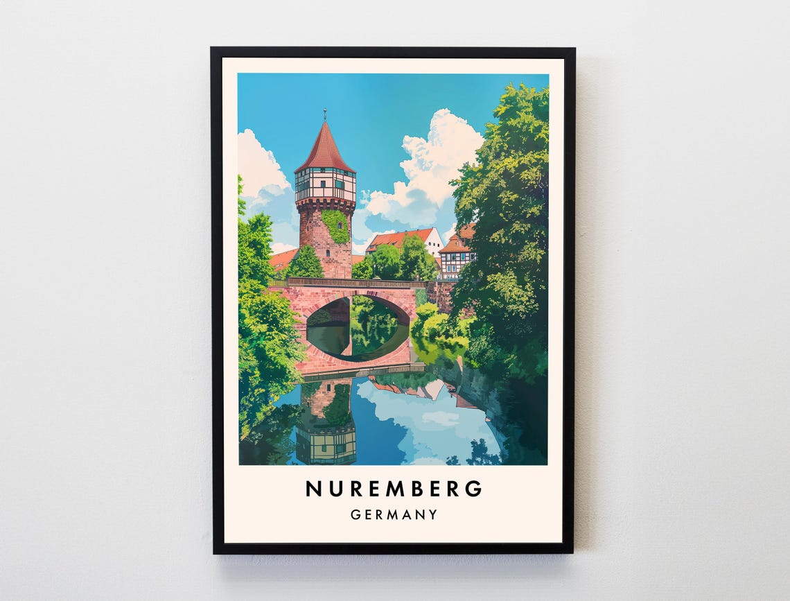 Nuremberg Germany Historic Tower River Bridge Reflection Travel Poster