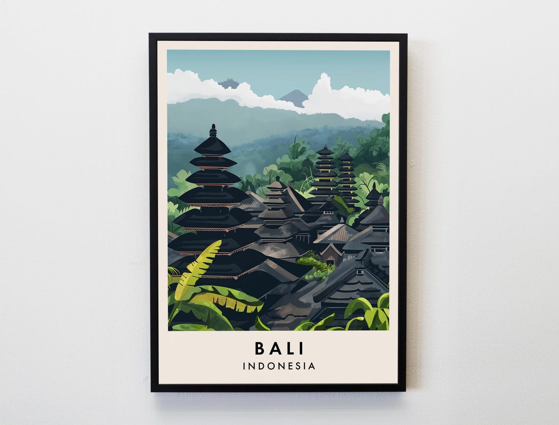 Bali Indonesia Temple Pagodas Tropical Jungle Mountain View Poster