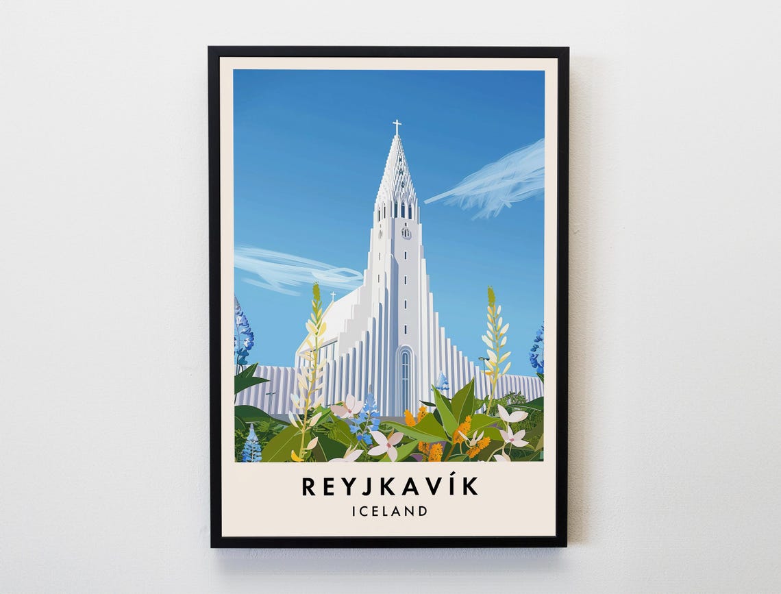 Reykjavik Iceland Travel Poster Hallgrimskirkja Church Artwork