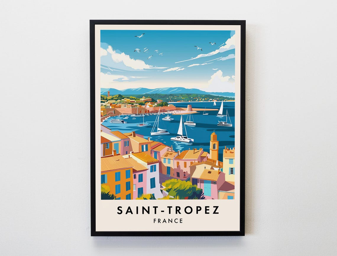 Saint Tropez France Harbor Sailboats Pastel Vintage Travel Poster