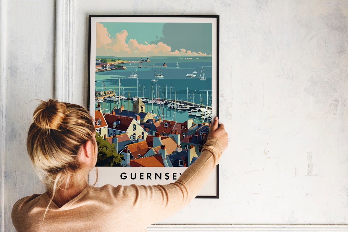 Guernsey Harbor With Sailboats And Red Rooftops British Poster - Image 2