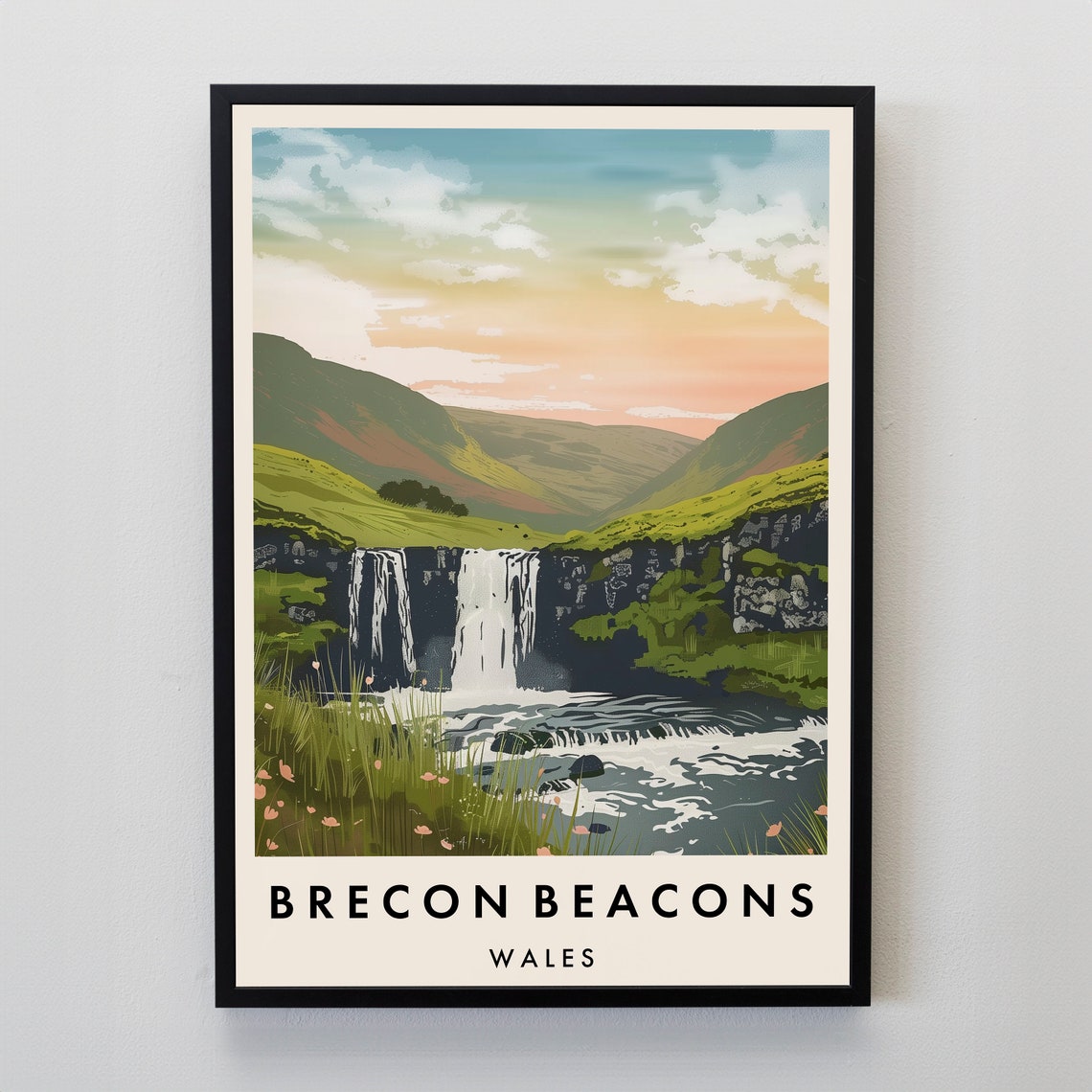 Brecon Beacons Waterfall Valley Wales National Park Travel Poster