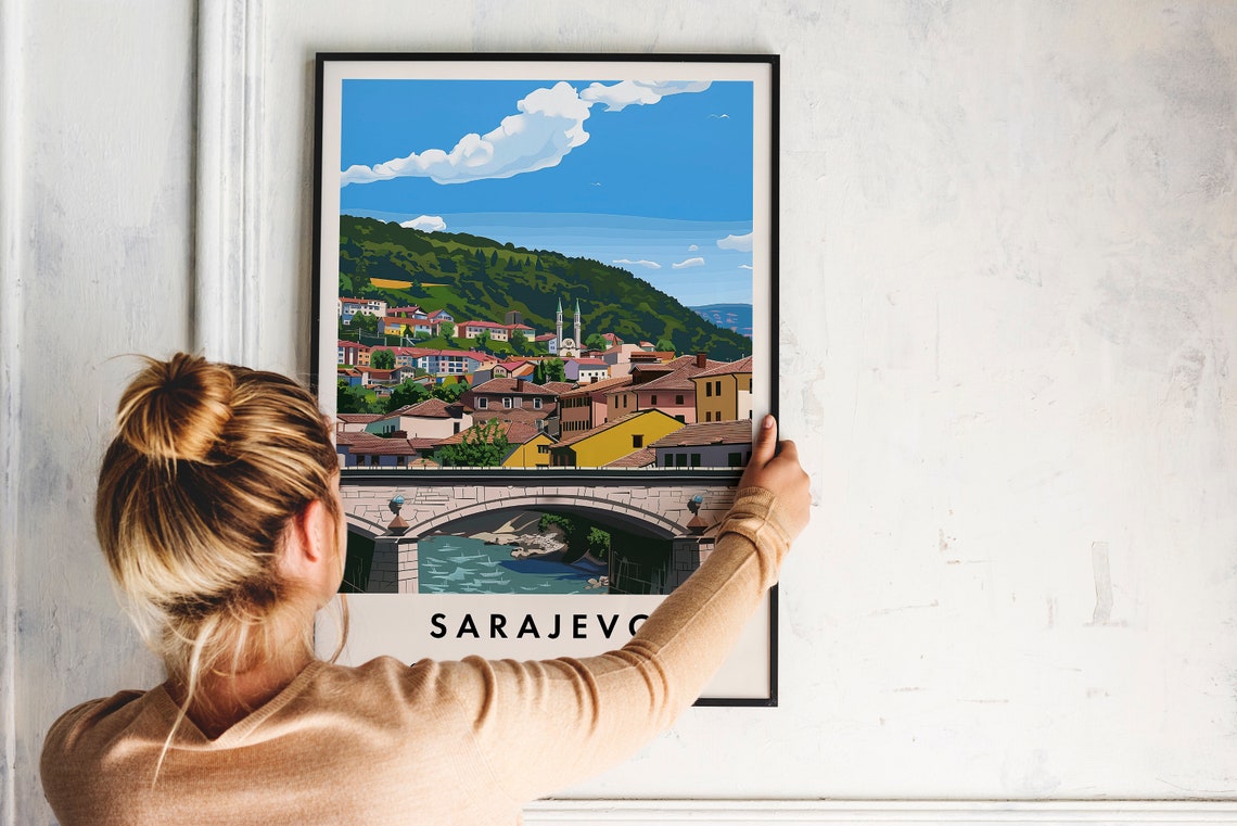 Sarajevo Old Stone Bridge River Hillside Town Bosnia Travel Poster - Image 2