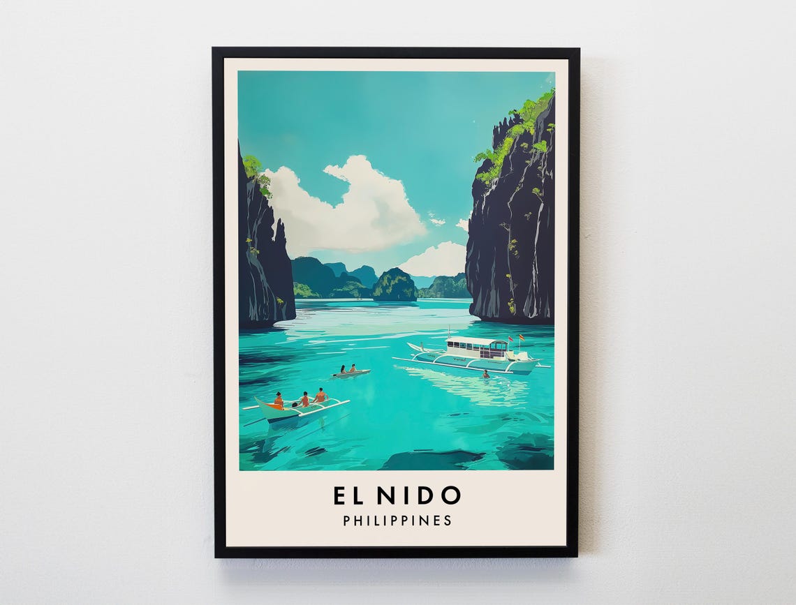 El Nido Philippines Limestone Cliffs Lagoon Boats Travel Poster