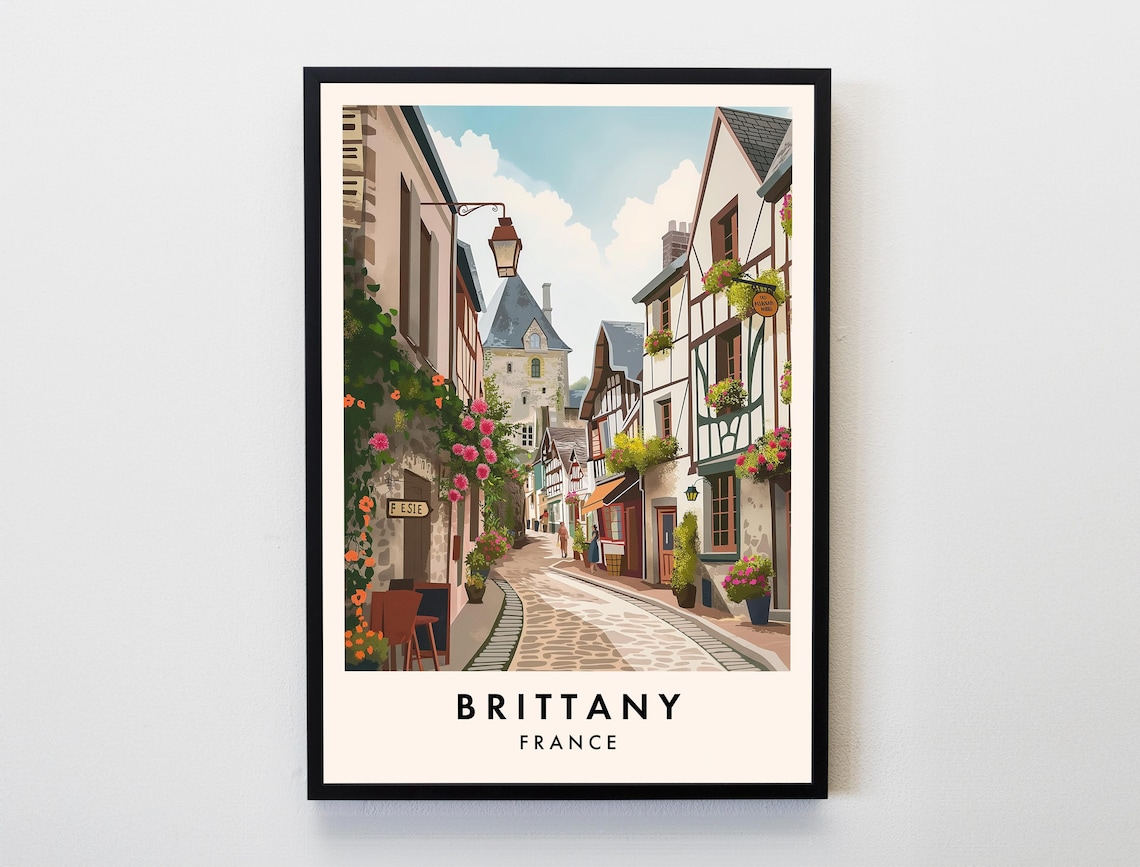 Brittany France Cobblestone Street Flowers Vintage Travel Art Poster