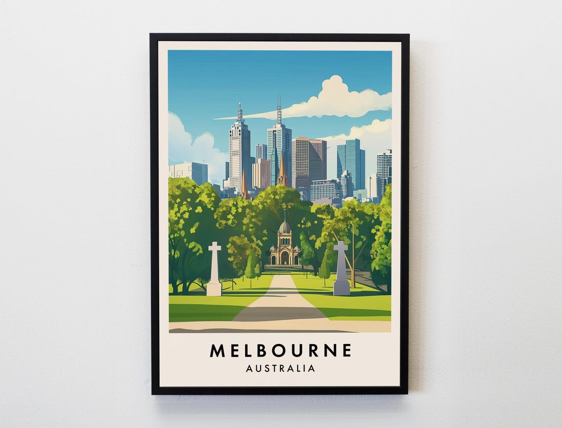 Melbourne Australia City Skyline Travel Poster Gardens View Art