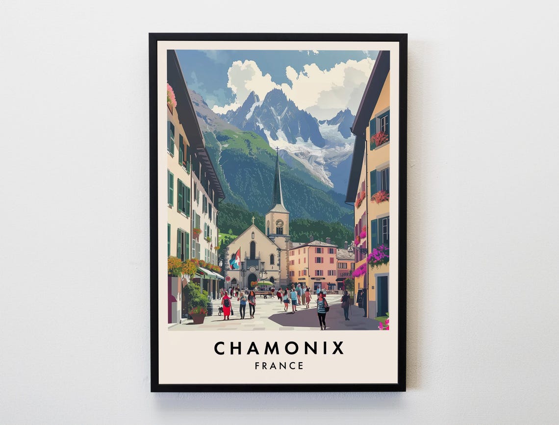 Chamonix France Travel Poster Alpine Town Mountain View Decor