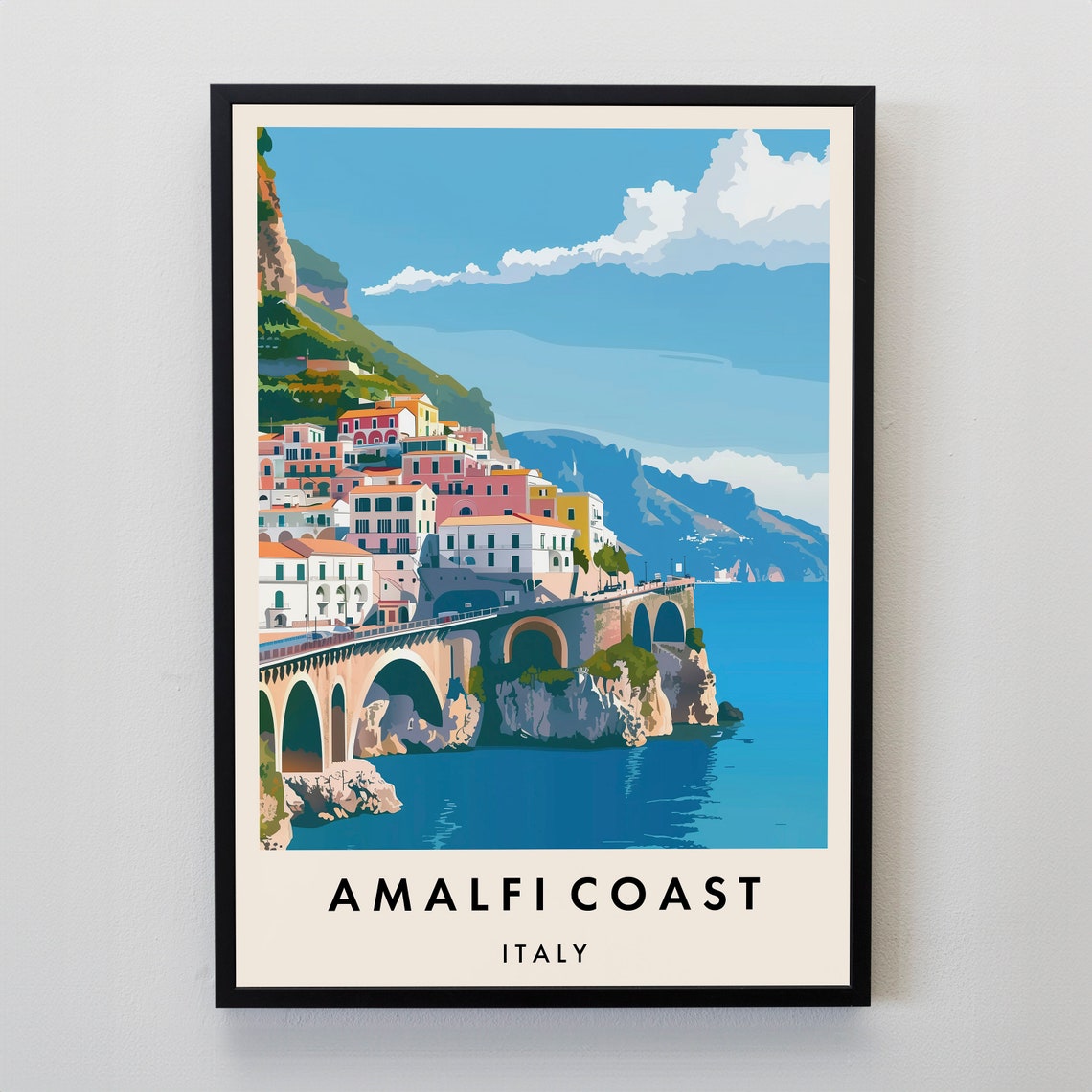 Amalfi Coast Italy Cliffside Village Scenic Vintage Travel Poster