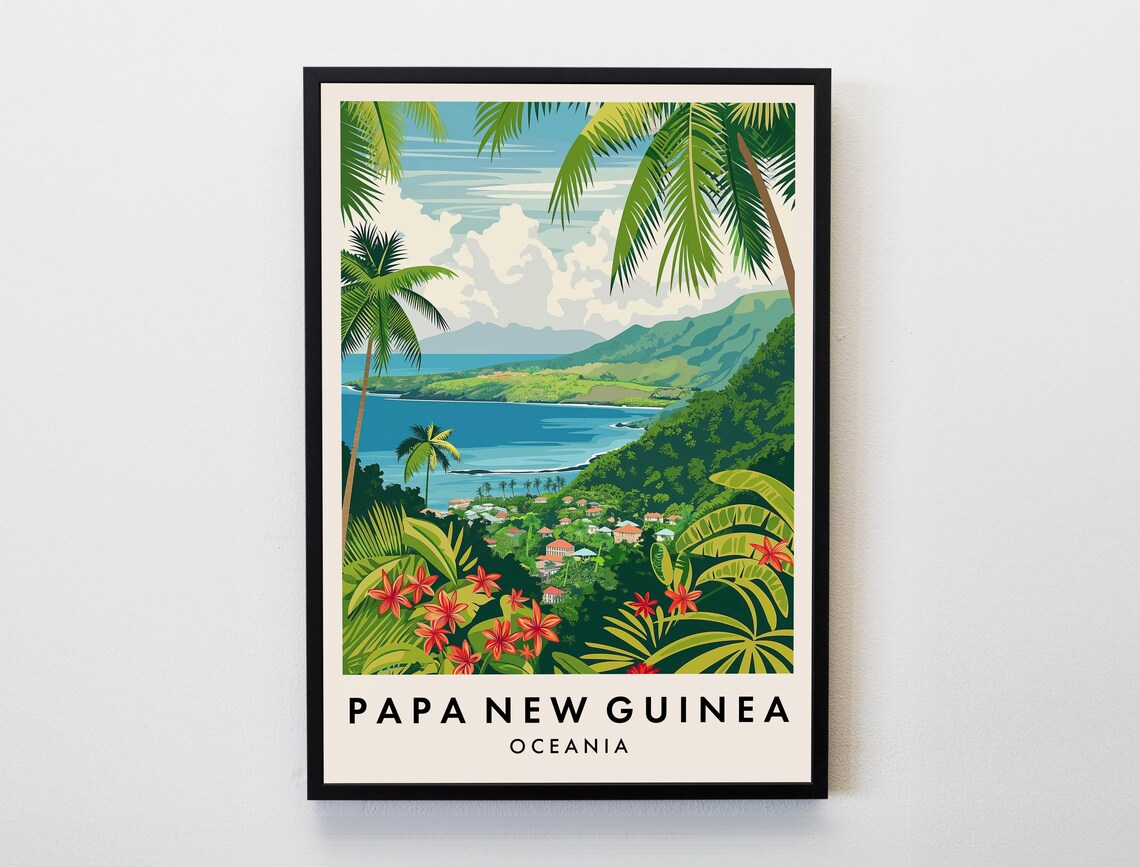 Papua New Guinea Tropical Bay Island Coastline Travel Art Poster