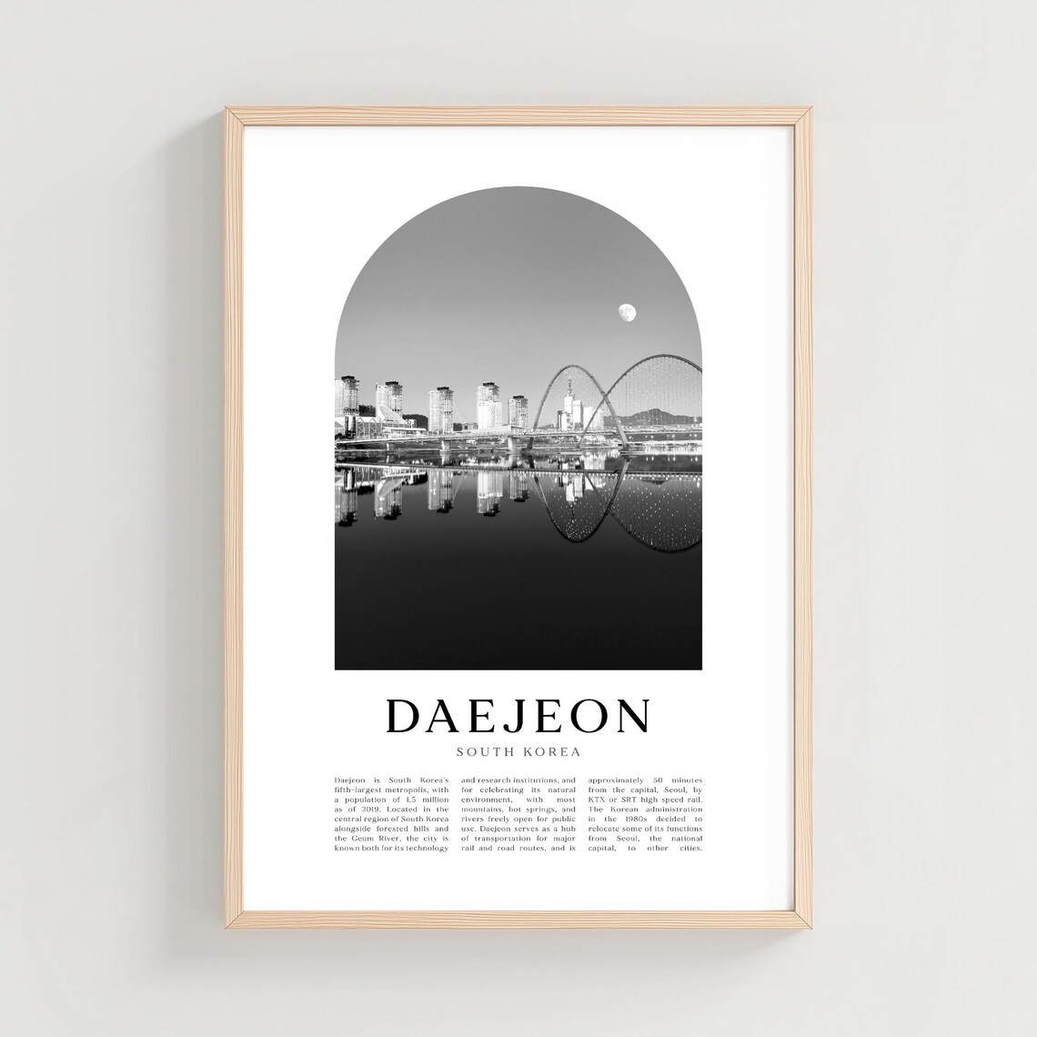 Daejeon South Korea Moonlit River Bridge Black and White Photo Poster