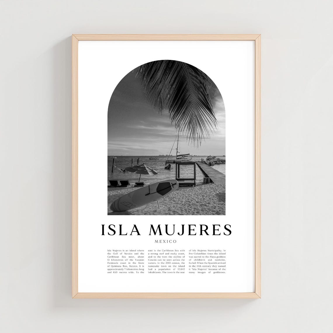 Isla Mujeres Beach Palm Frond Black and White Mexico Travel Poster