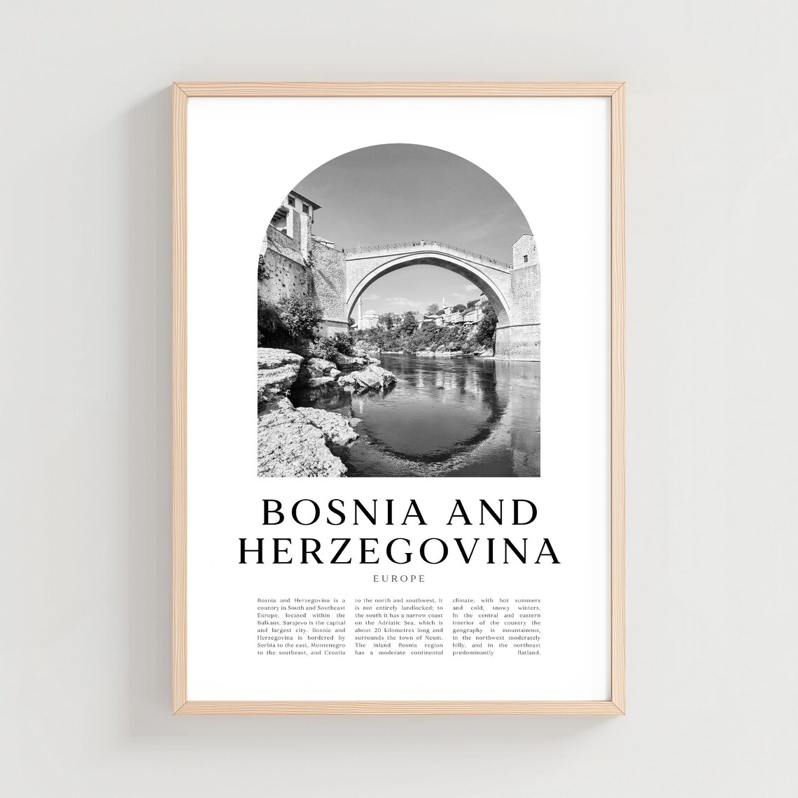 Bosnia and Herzegovina Mostar Old Bridge Black and White Arch Poster