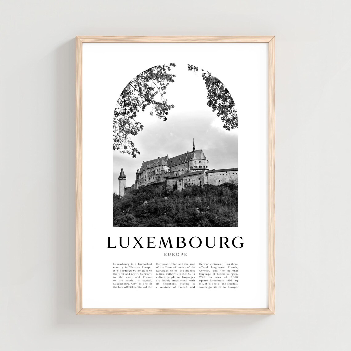 Luxembourg Castle On Hill Black And White Arch Travel Photo Poster