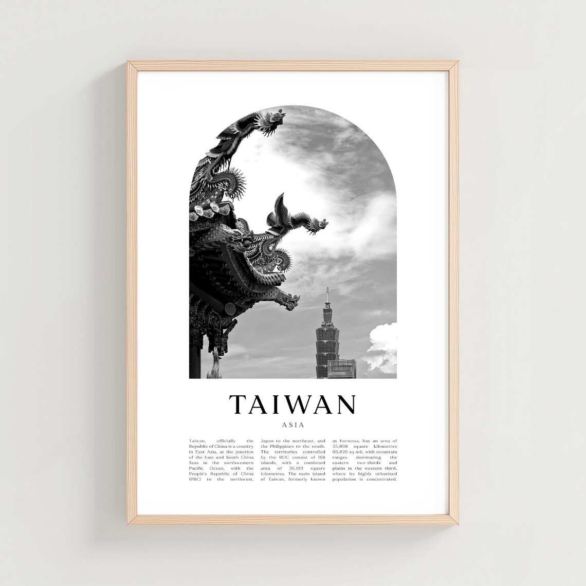 Taiwan Asia Temple Dragon Roof With Taipei 101 Black White Poster