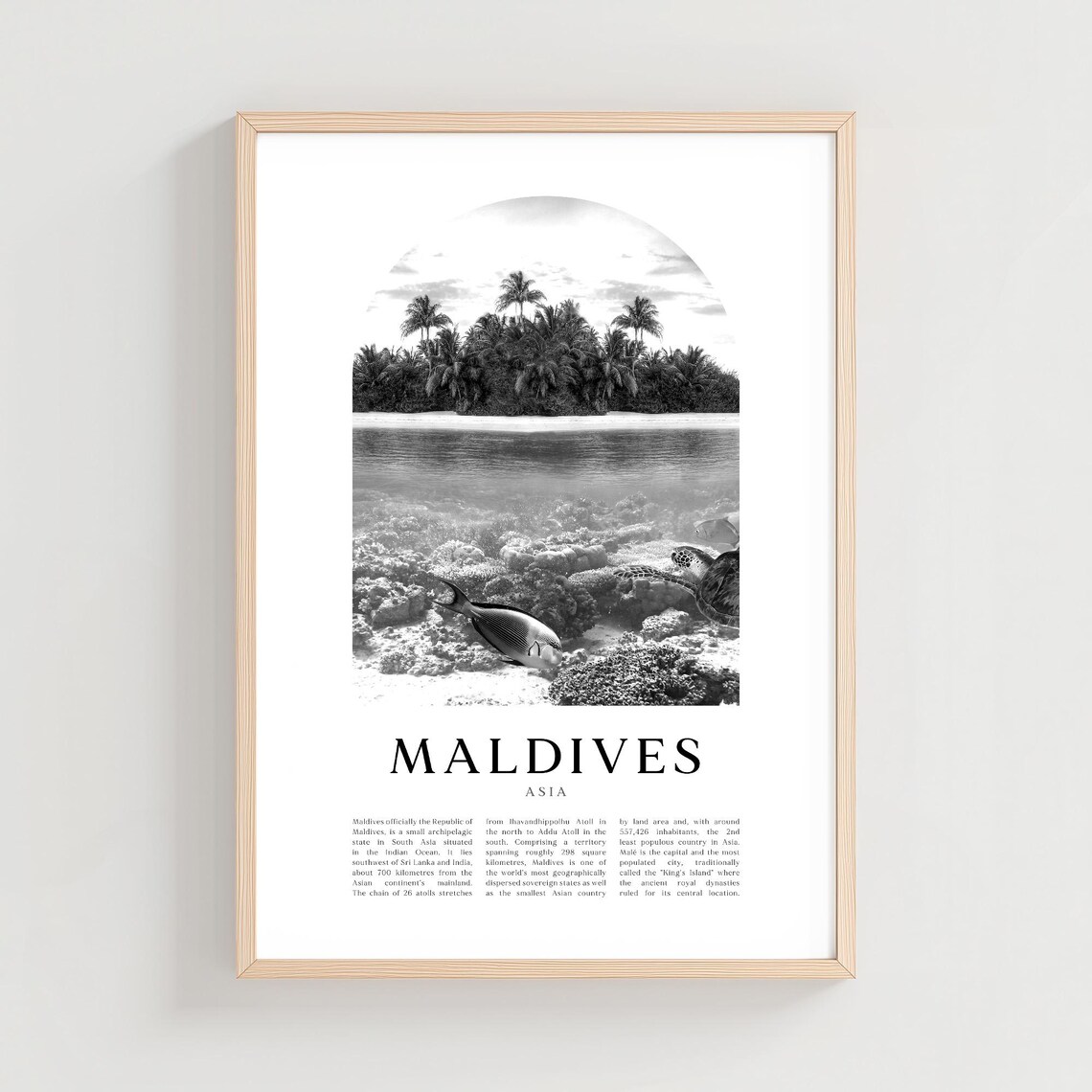 Maldives Islands Poster Black White Palm Beach Coral Reef Photo Art