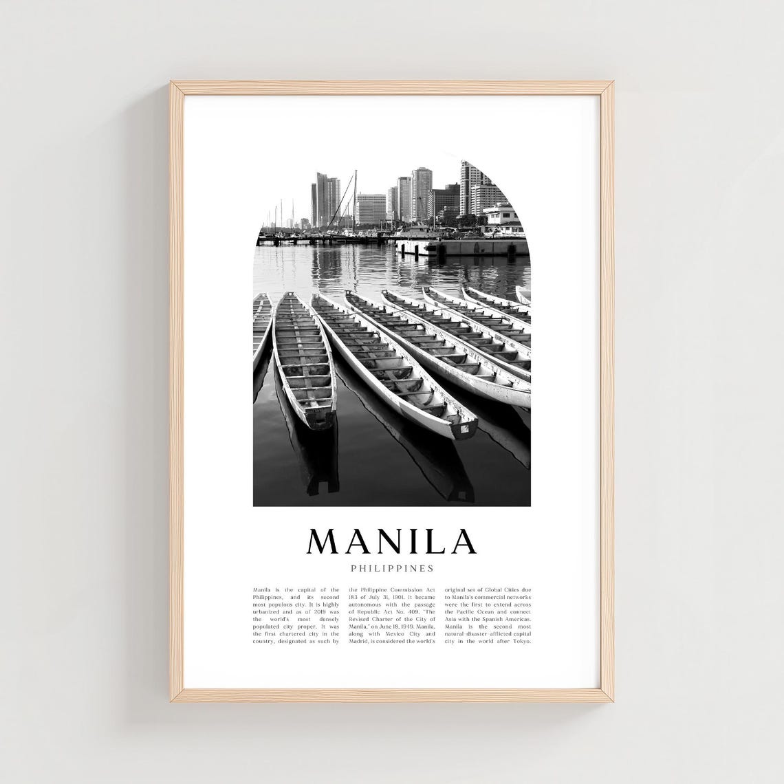 Manila Philippines Harbor Boats Skyline Black White Art Print