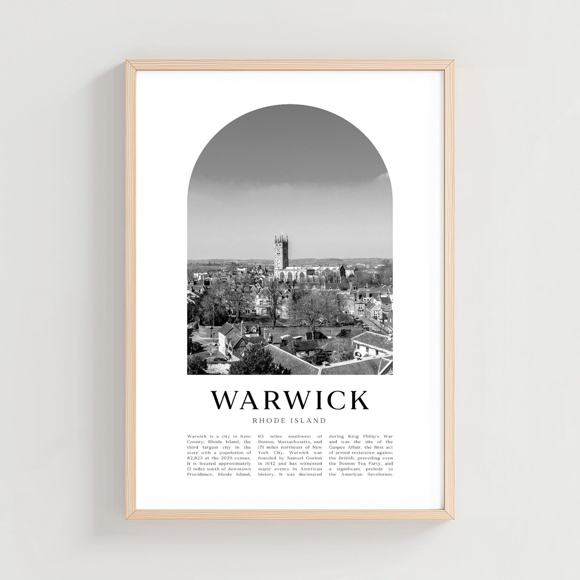Warwick Rhode Island Historic Church Town Aerial Black White Travel Poster