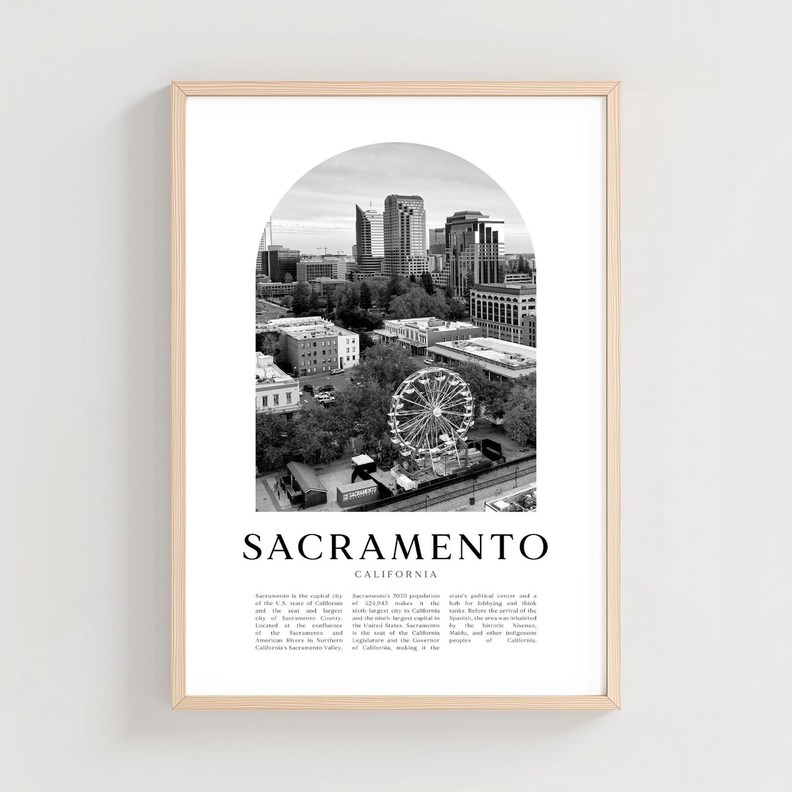 Sacramento California Skyline Ferris Wheel Black White Photo Poster