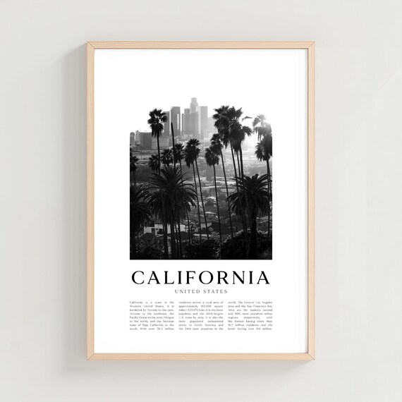 California Palm Trees Downtown Skyline Black White Photo Poster