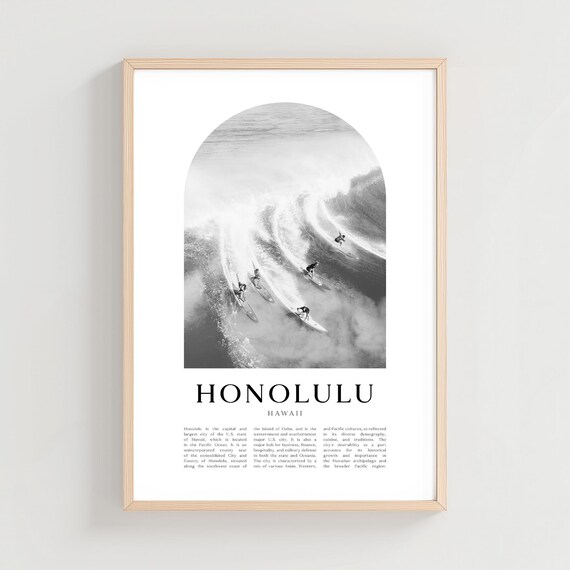 Honolulu Hawaii Surfers Big Wave Black and White Travel Poster