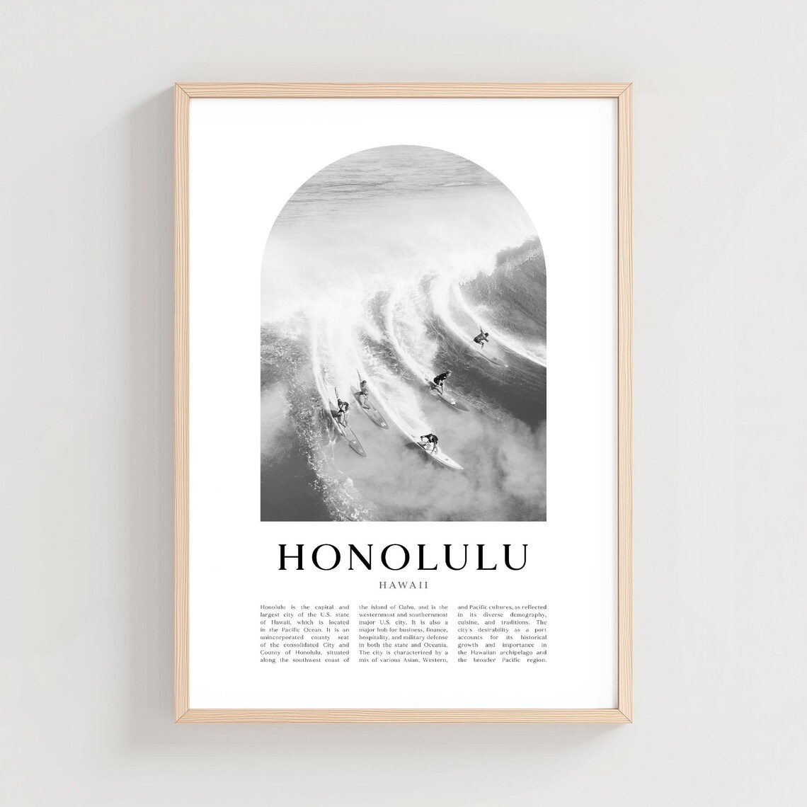 Honolulu Hawaii Surfers Big Wave Black and White Travel Poster