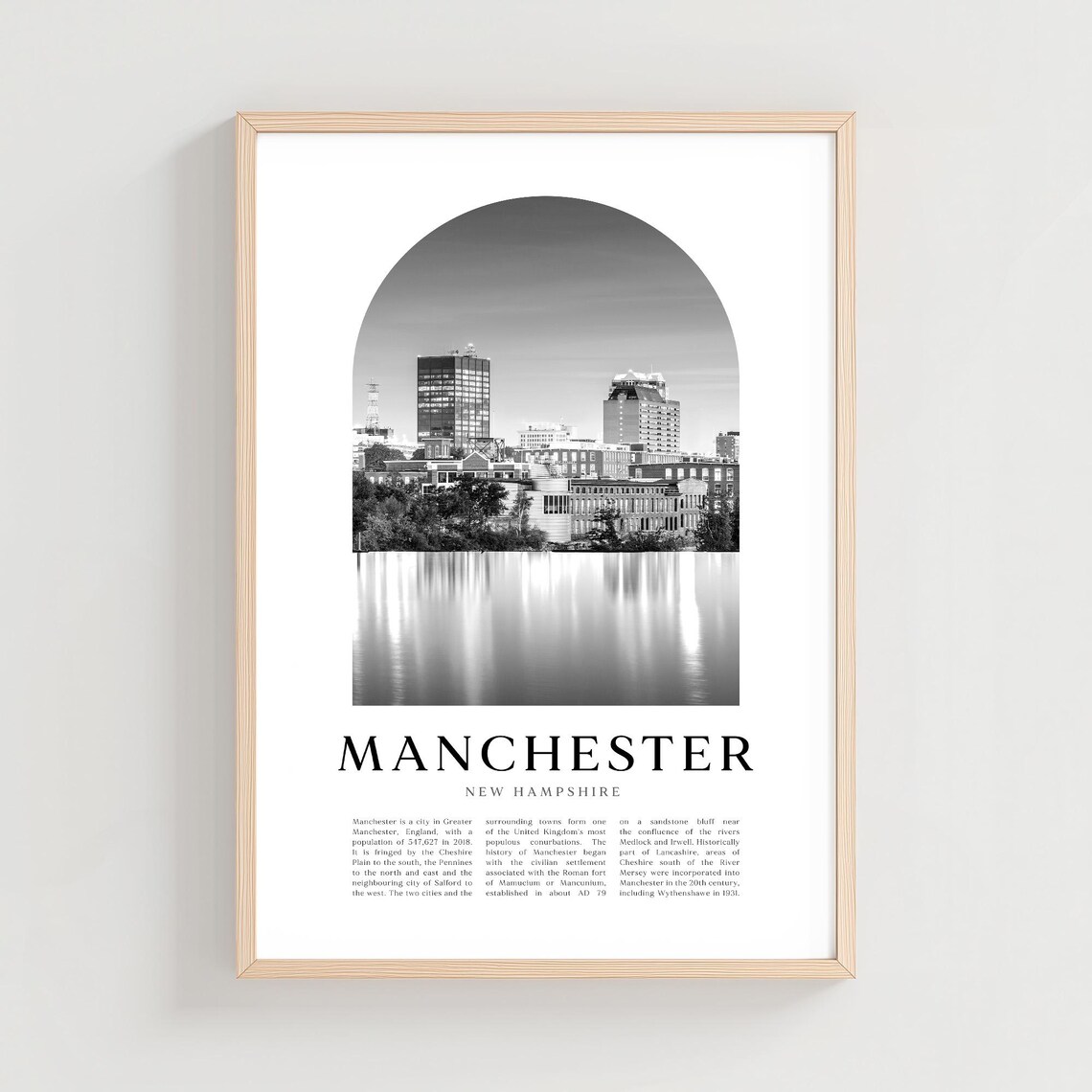 Manchester New Hampshire Skyline Black and White City Poster