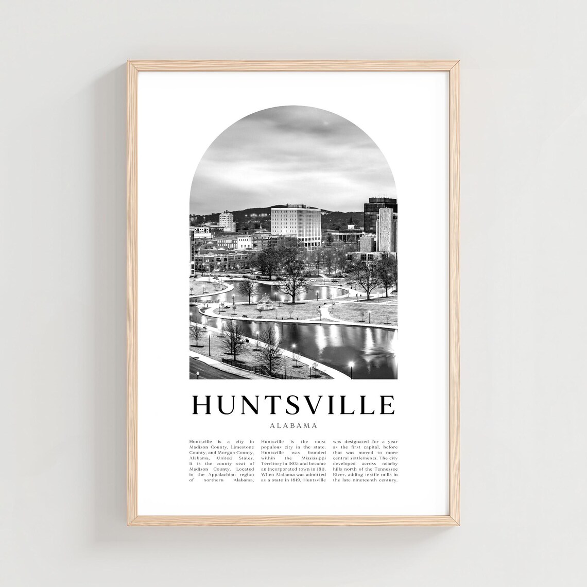 Huntsville Alabama Downtown Park Pond Black and White Poster