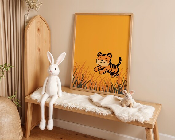Cute Tiger Cub Cartoon Pouncing Orange Grass Kids Nursery Playful Wall Art