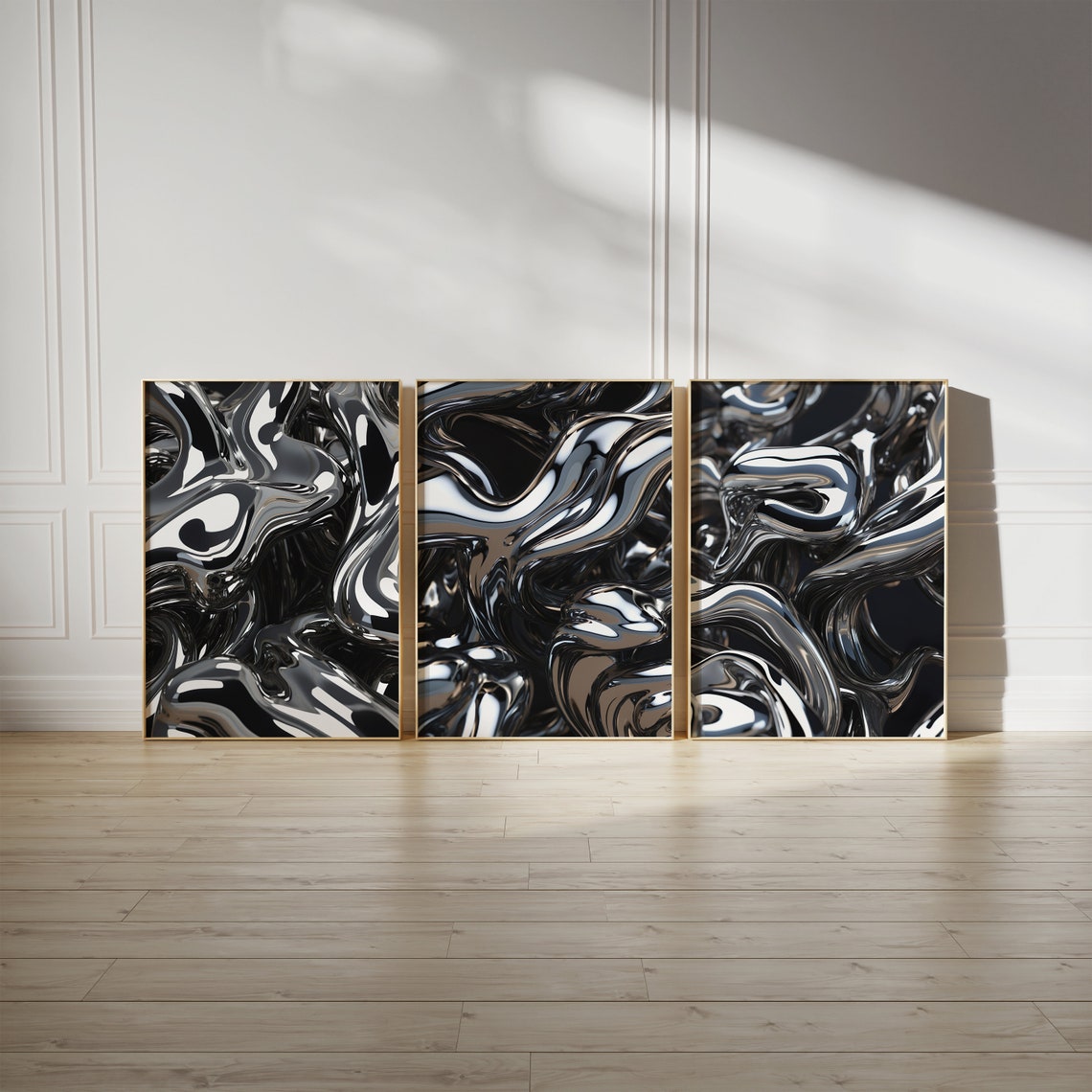 Liquid Chrome Metallic Swirls on Black Abstract Y2K Retro Poster - Image 2