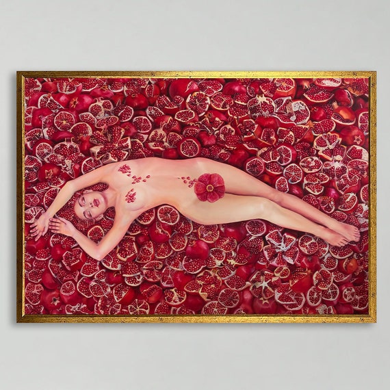 Feminine Beauty, Sensual Nude Painting With Pomegranates