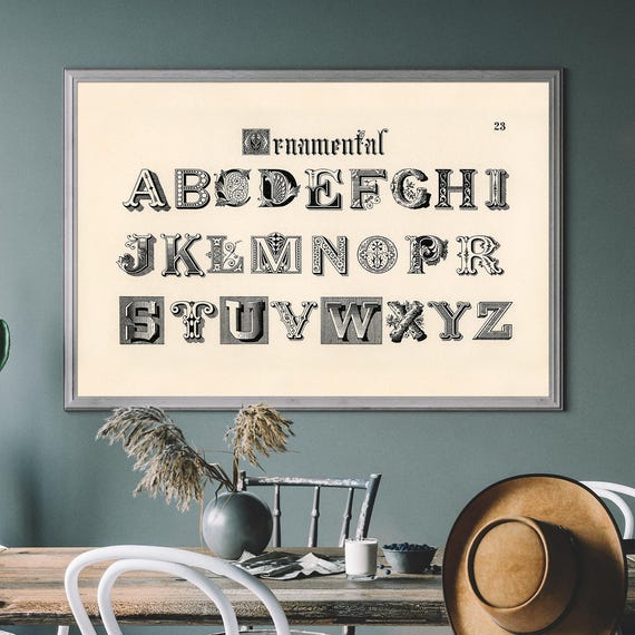 Vintage Alphabet Print Antique Victorian Art Typography Wall School