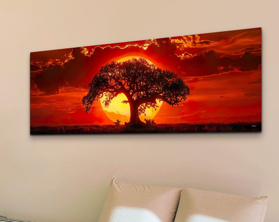 Big Sunset Behind Old Tree Wall Art Print Panoramic Wall Decor Home Decor Livingroom Art Ready To Hang Nature Decor Lone Tree