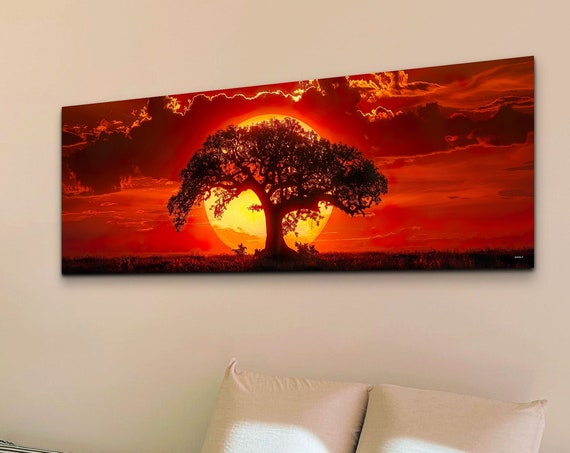 Big Sunset Behind Old Tree Wall Art Print Panoramic Wall Decor Home Decor Livingroom Art Ready To Hang Nature Decor Lone Tree
