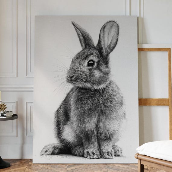 Realistic Rabbit Line Art Canvas Detailed Black And White Ink Drawing Minimalist Bunny Wall For Farmhouse Nursery Nature Decor