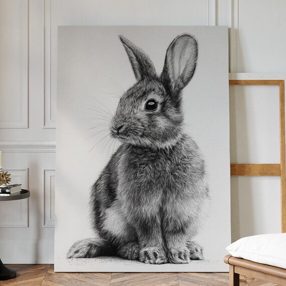 Realistic Rabbit Portrait Black White Detailed Pencil Drawing Poster