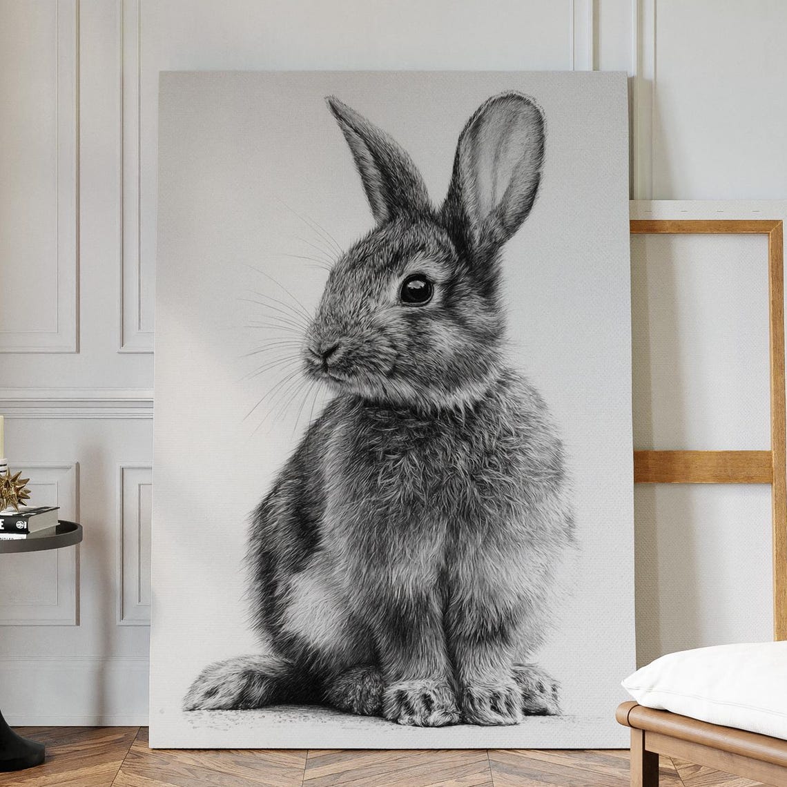 Realistic Rabbit Line Art Canvas Detailed Black And White Ink Drawing Minimalist Bunny Wall For Farmhouse Nursery Nature Decor
