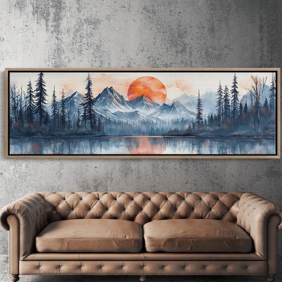 Grand Teton Wall Art Watercolor Mountain Landscape With Sun And Misty Pines Perfect For Nature Lovers And Rustic Decor